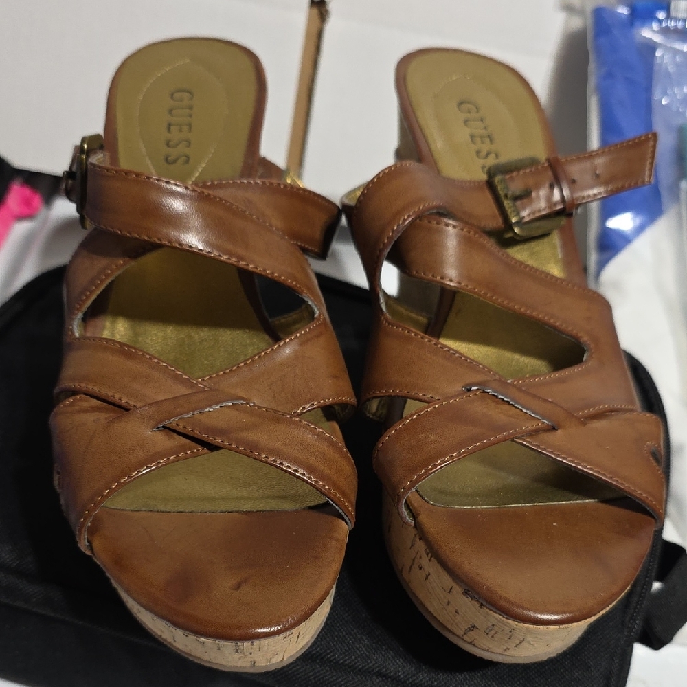 Guess Tan Leather Mules with Cork Wedge